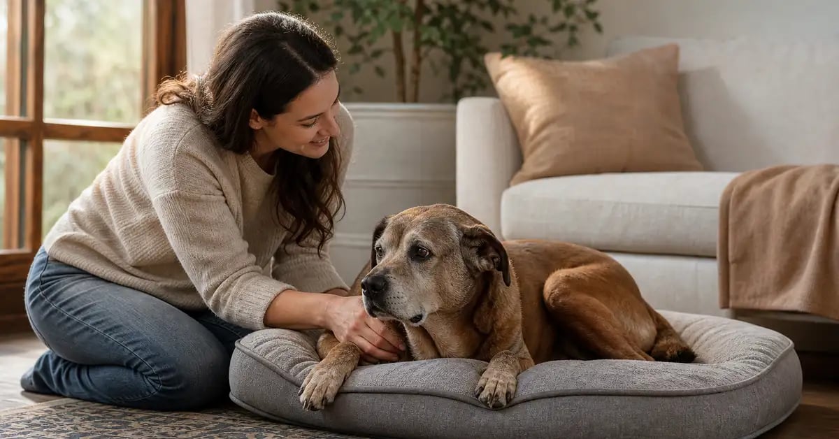 A dog owner beside their senior dog on an orthopedic bed, choosing the right bed