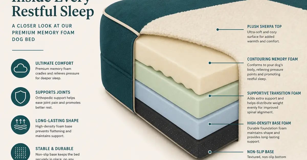 Cross-section illustration showing memory foam layers in an orthopedic dog bed