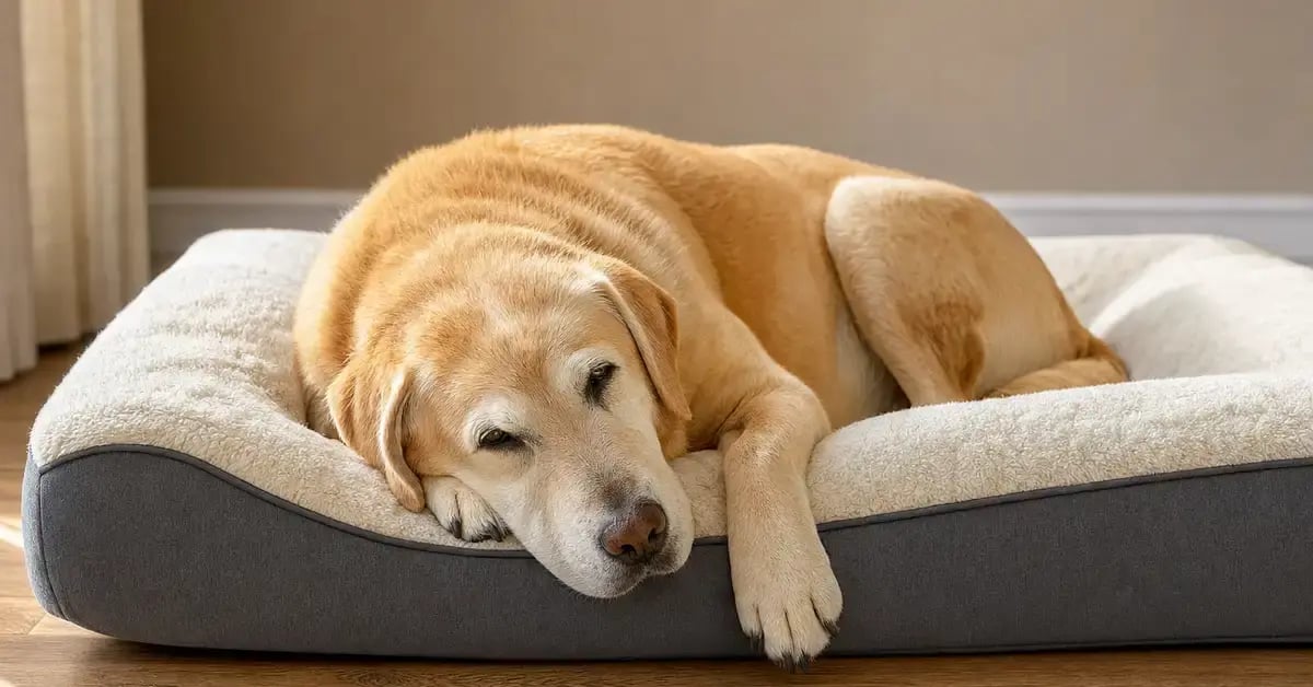 A senior golden retriever resting peacefully on a thick orthopedic dog bed in warm natural indoor light