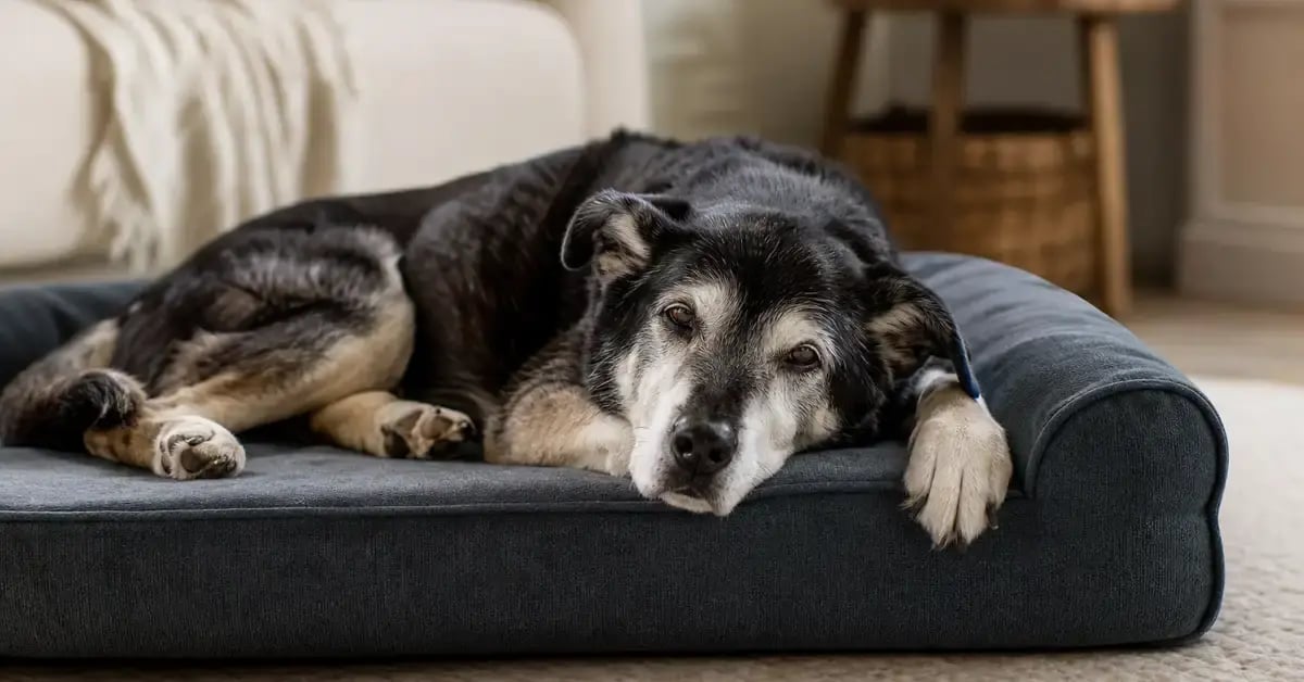 A senior dog resting peacefully on a thick orthopedic dog bed