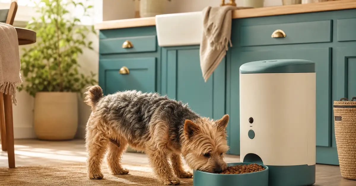 A small terrier dog eating from a modern automatic dog feeder on a sunny kitchen floor