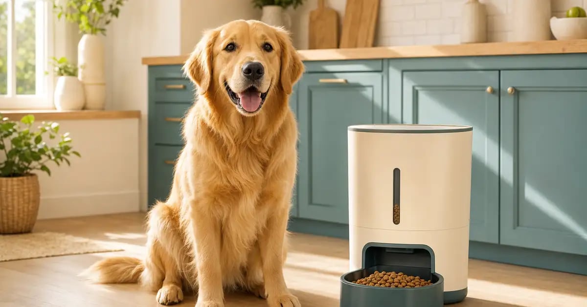 A happy golden retriever sitting beside a modern automatic dog feeder in a warm, bright kitchen