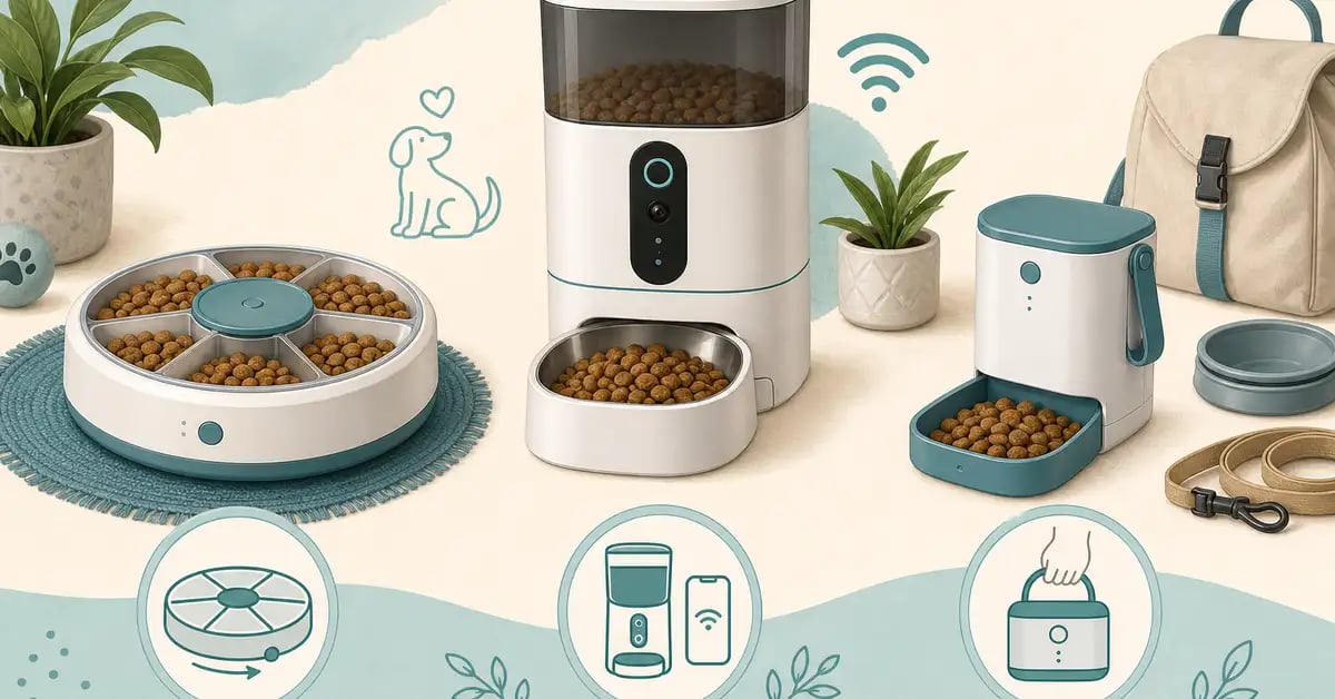 Three types of automatic dog feeder — a rotating tray feeder, a smart WiFi hopper feeder, and a compact portable feeder — illustrated side by side
