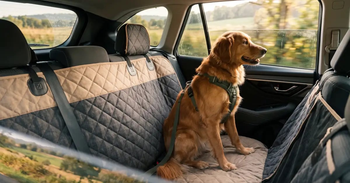 A calm dog sitting on a quilted waterproof back seat cover in an SUV, looking out the window