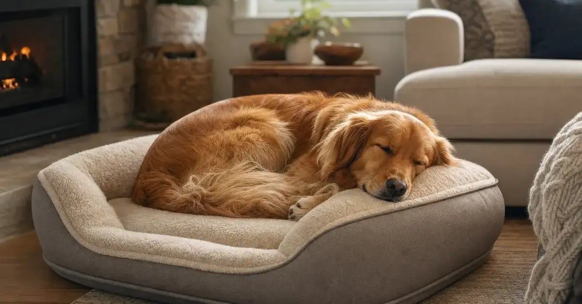 A content dog curled up asleep on a plush, supportive dog bed in a cozy, warm living room