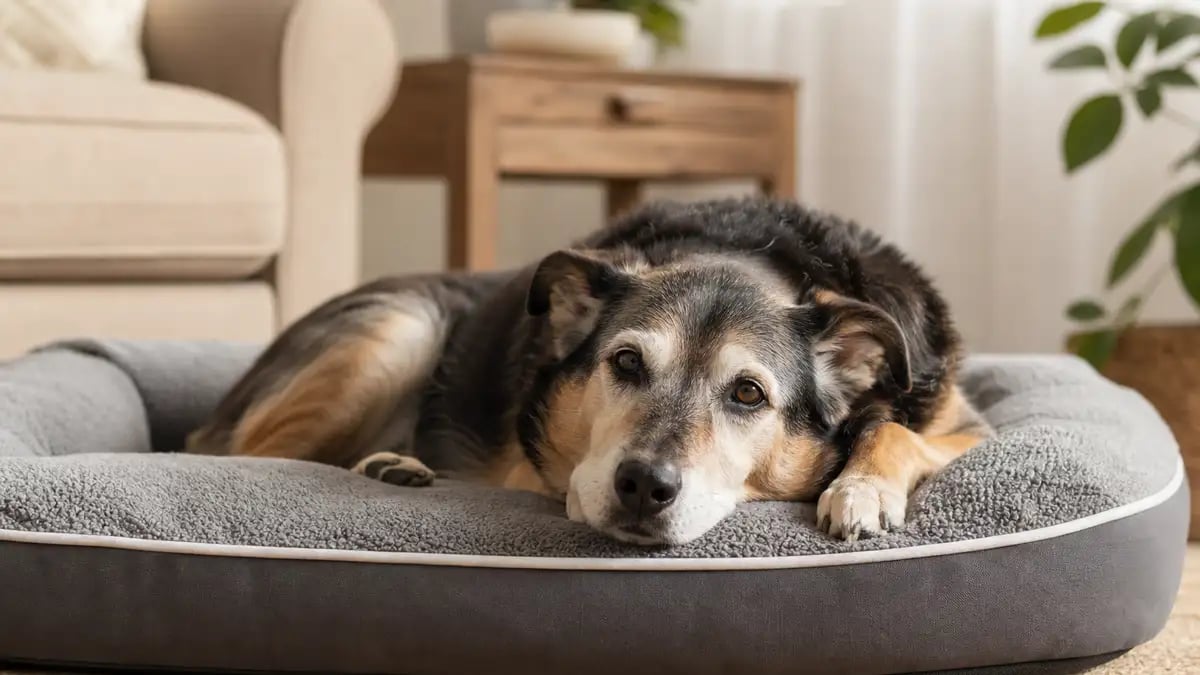 A calm senior dog resting comfortably on a thick, supportive orthopedic dog bed in warm light