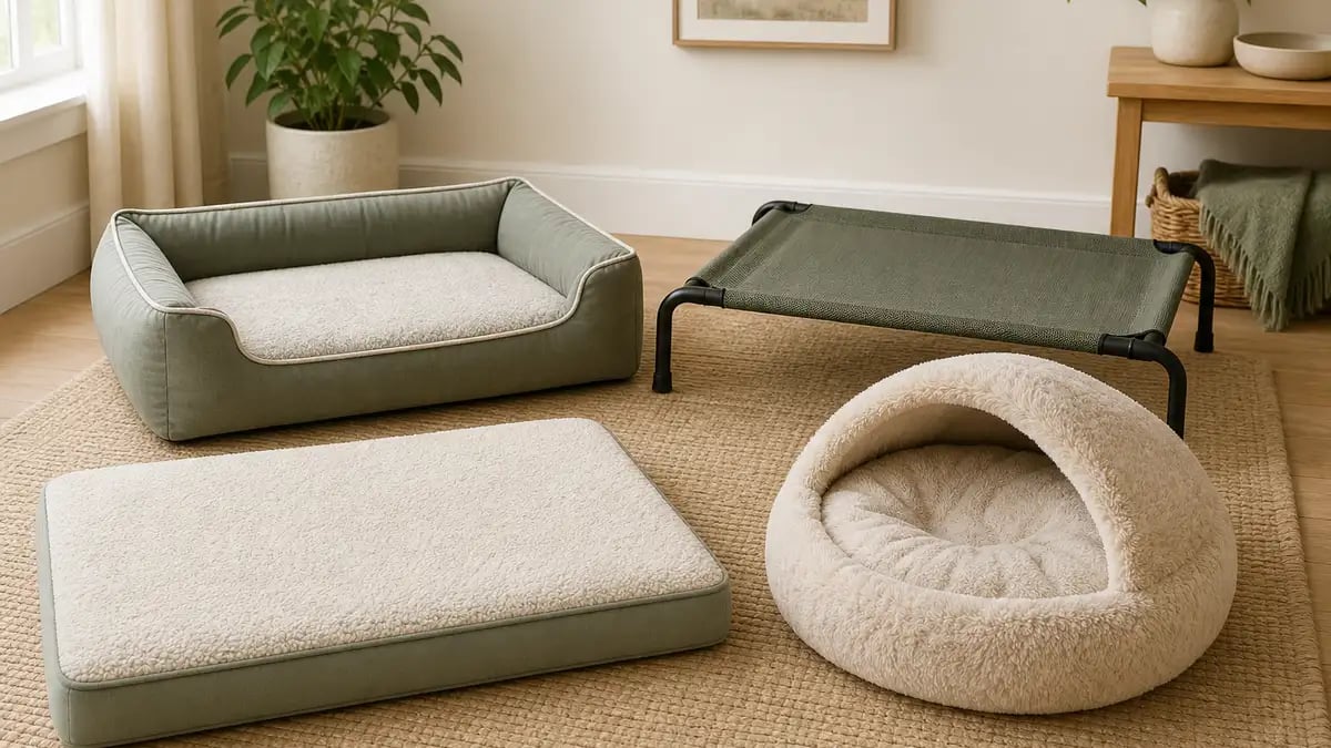 Four dog bed styles side by side — a bolster bed, a flat orthopedic mat, an elevated cot, and a round donut/cave bed