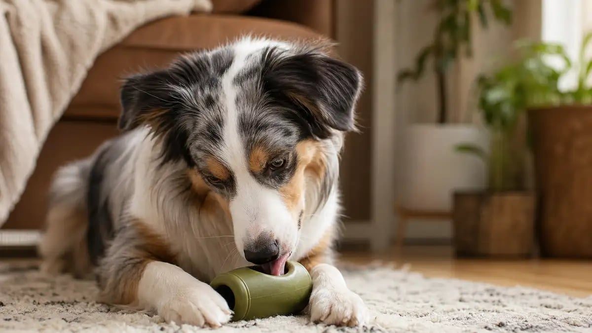 A focused dog working to lick a treat out of a hollow rubber chew toy on a soft rug