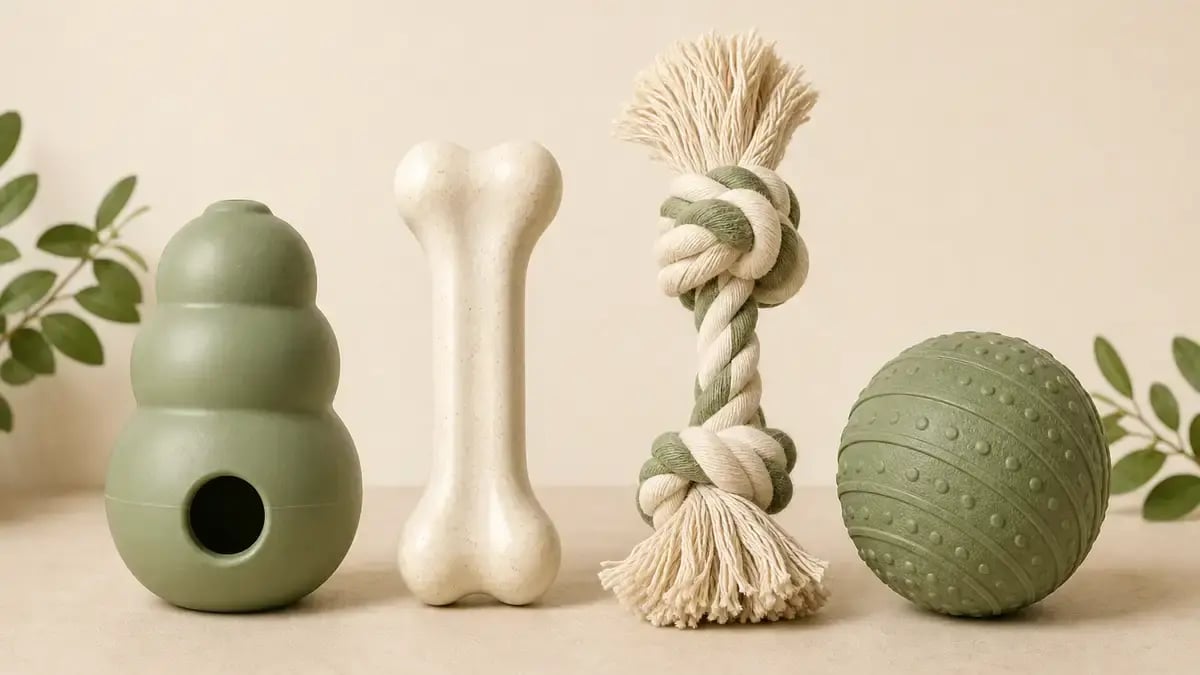 Four types of dog chew toy side by side — a hollow stuffable rubber toy, a nylon chew bone, a knotted cotton rope, and a rubber ball