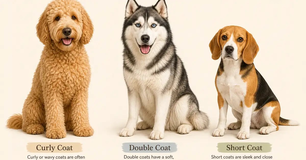 Editorial illustration showing different dog coat types side by side — curly doodle coat, double-coated husky fur, and smooth short coat