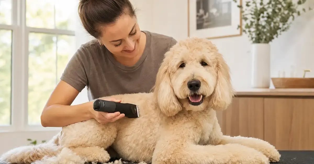 A person using a cordless dog clipper to trim a fluffy doodle on a grooming table in a warm home setting