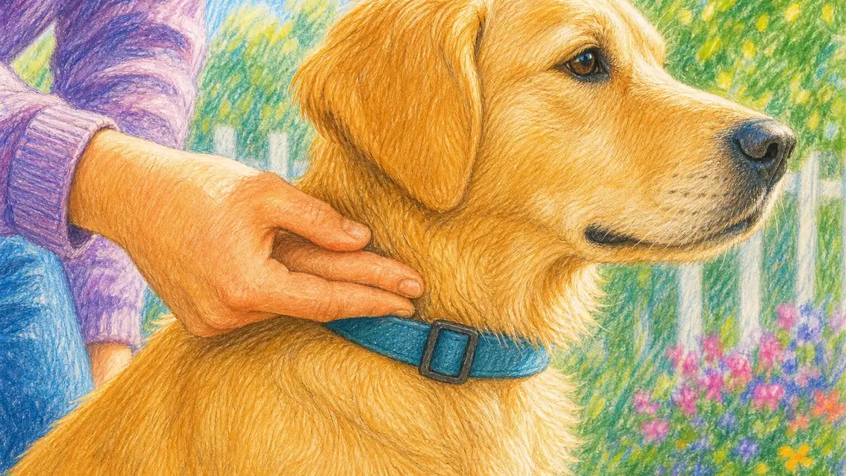 An owner gently sliding two fingers under a calm dog's flat collar to check the two-finger fit in soft daylight