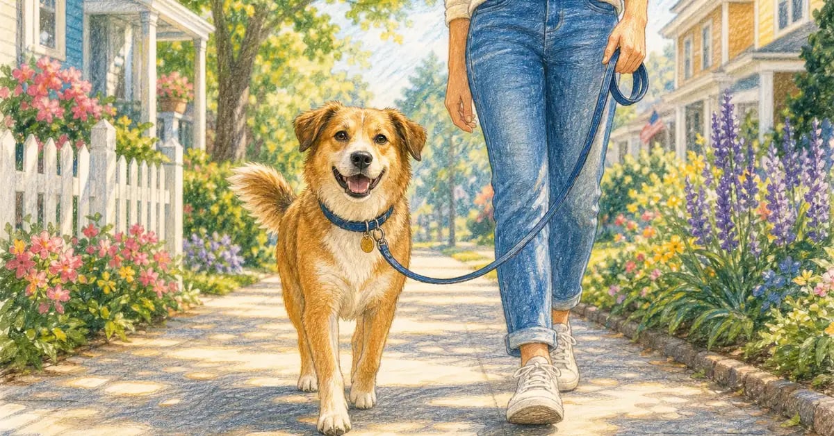 A happy dog walking calmly on a loose leash beside its owner on a sunny neighborhood sidewalk, wearing a well-fitted everyday collar with an ID tag