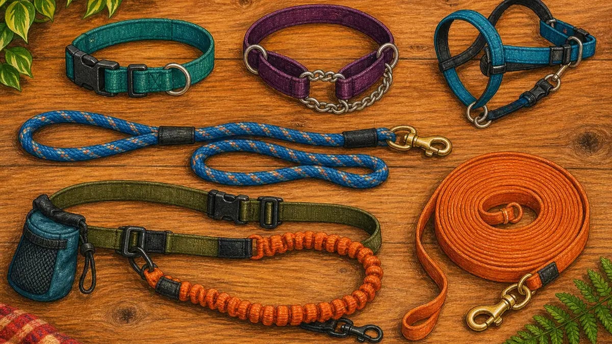 A flat-lay of dog walking gear: a flat buckle collar, a martingale collar, a head halter, a standard rope leash, a bungee hands-free leash and a coiled long-line training lead