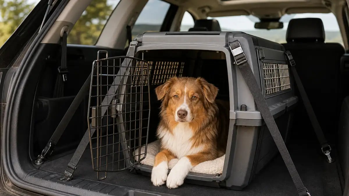 A calm dog resting safely inside a sturdy travel crate secured with anchor straps in the cargo area of an SUV