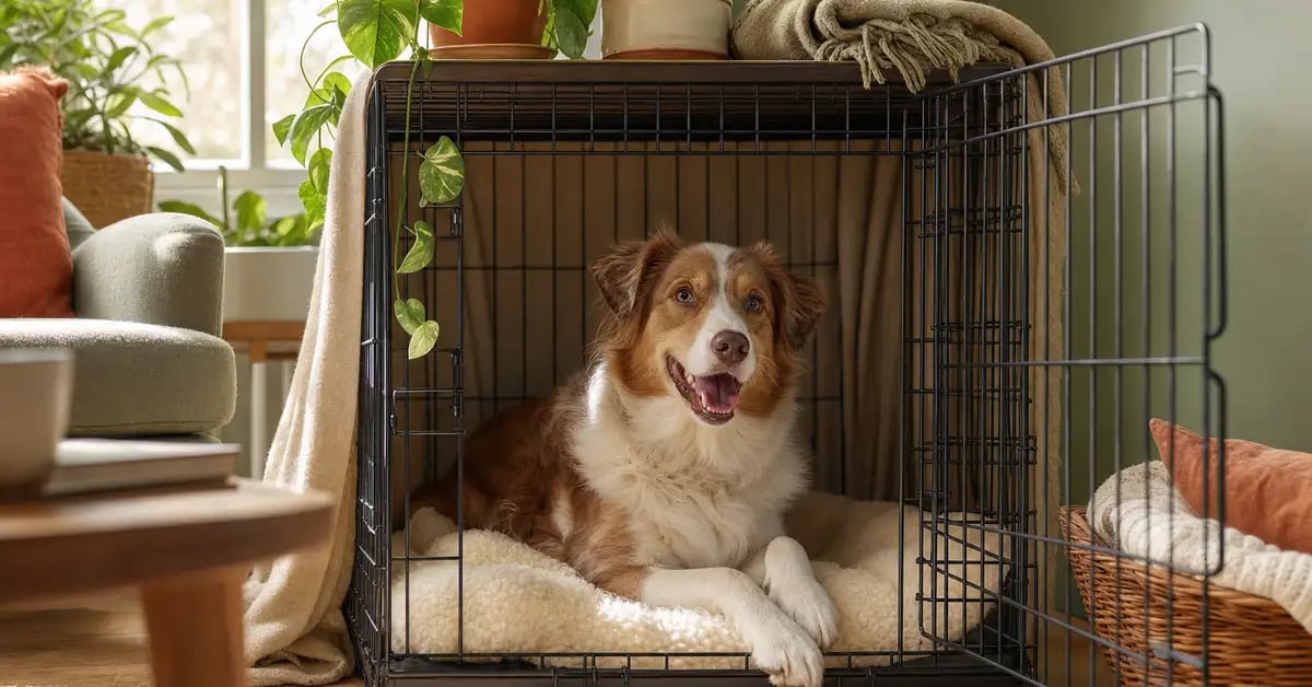 A relaxed dog lying contentedly inside an open wire crate set up as a cozy den with a soft blanket in a warm, sunlit living room