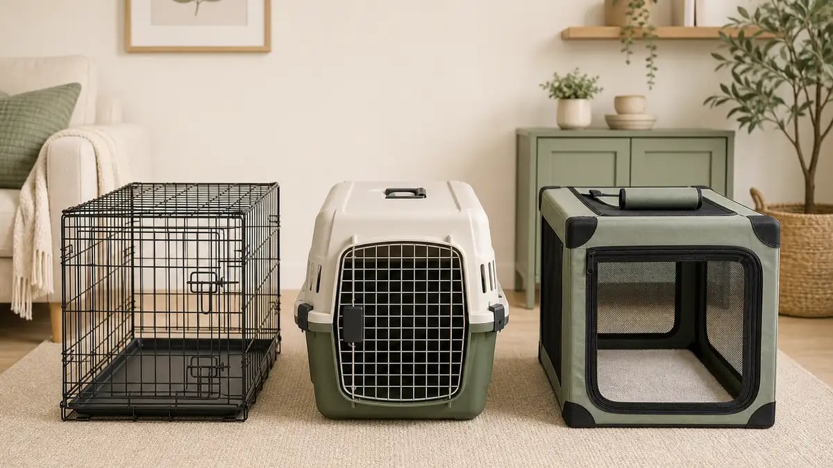 Three types of dog crate side by side — a collapsible metal wire crate, a hard plastic travel kennel, and a soft-sided fabric mesh crate