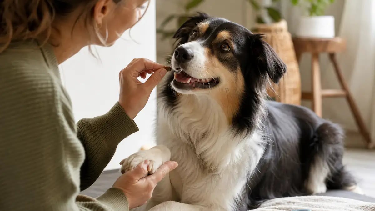 A happy dog being given a small treat during a calm grooming session, showing reward-based desensitisation