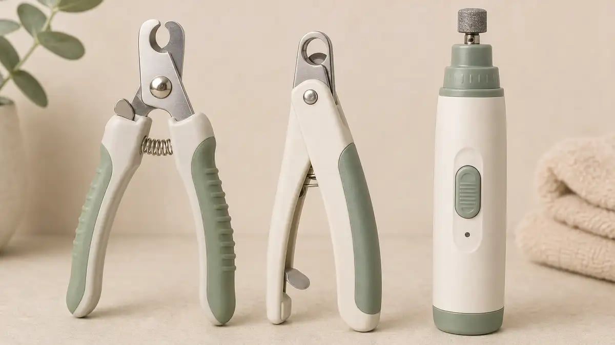 Three types of dog nail tool side by side — scissor-style clippers, a guillotine clipper, and an electric rotary grinder