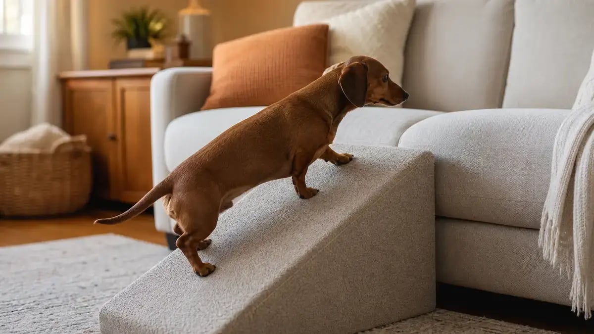 A small short-legged dog walking up a gentle carpeted ramp onto a sofa in a cozy living room