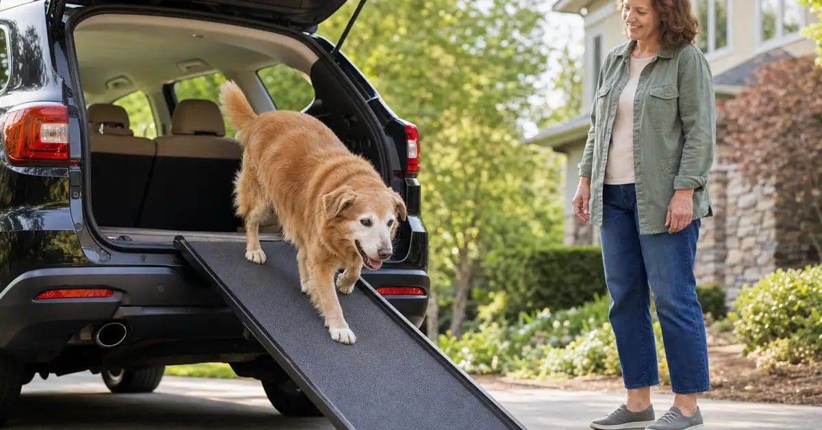 A happy senior dog walking down a non-slip ramp from the open back of an SUV in a driveway