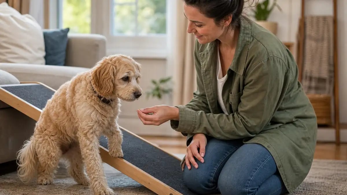 An owner gently encouraging a hesitant dog up a ramp with a small treat in a warm home setting