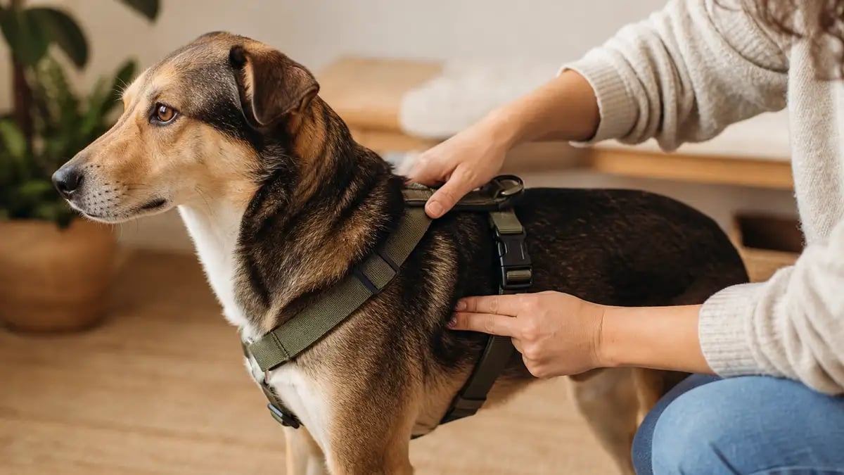 An owner gently checking the two-finger fit under a dog's harness strap on a calm standing dog