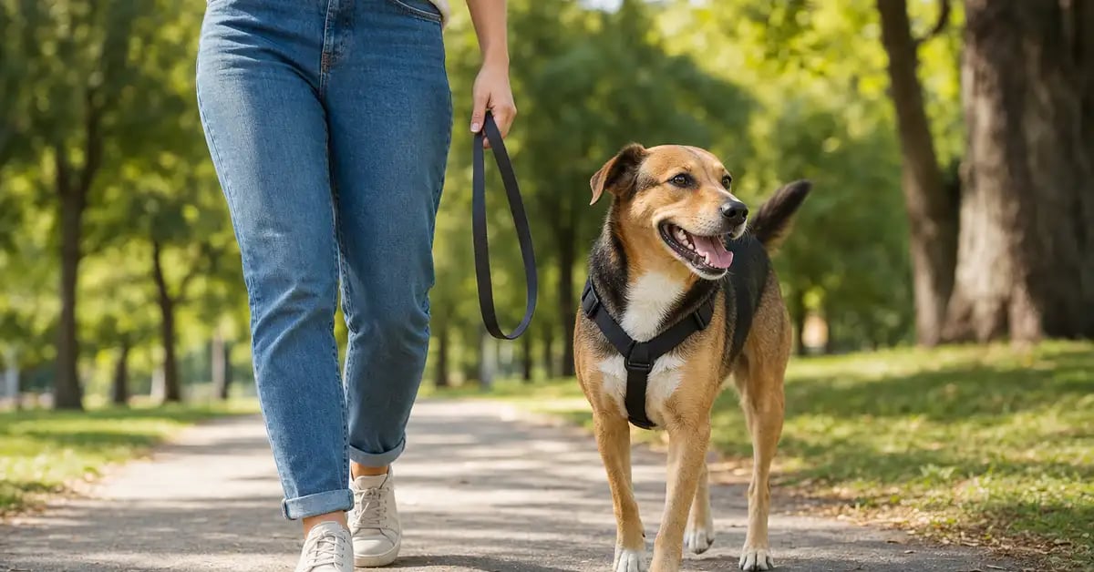 A happy dog walking calmly on a loose leash beside its owner in a sunny park, wearing an everyday harness