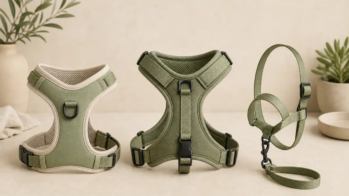Three dog walking-gear styles side by side — a front-clip vest harness, a back-clip padded harness, and a head-halter