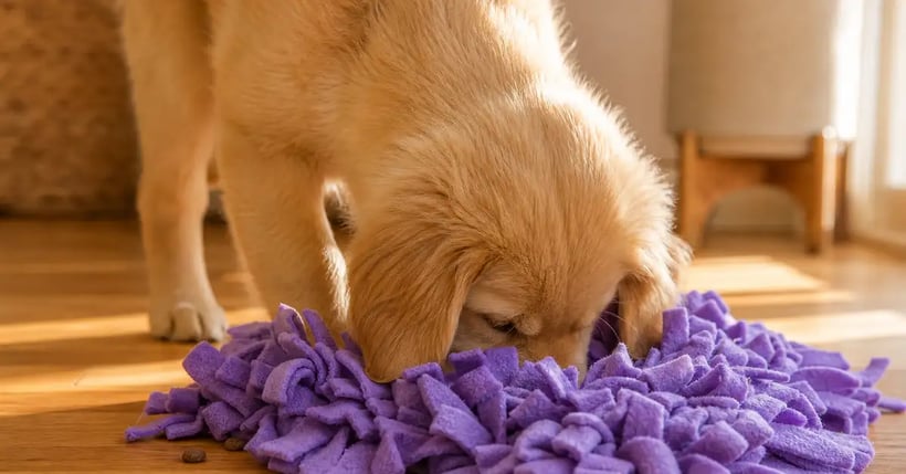 Dog using a snuffle mat to forage for hidden kibble, demonstrating nose-work enrichment