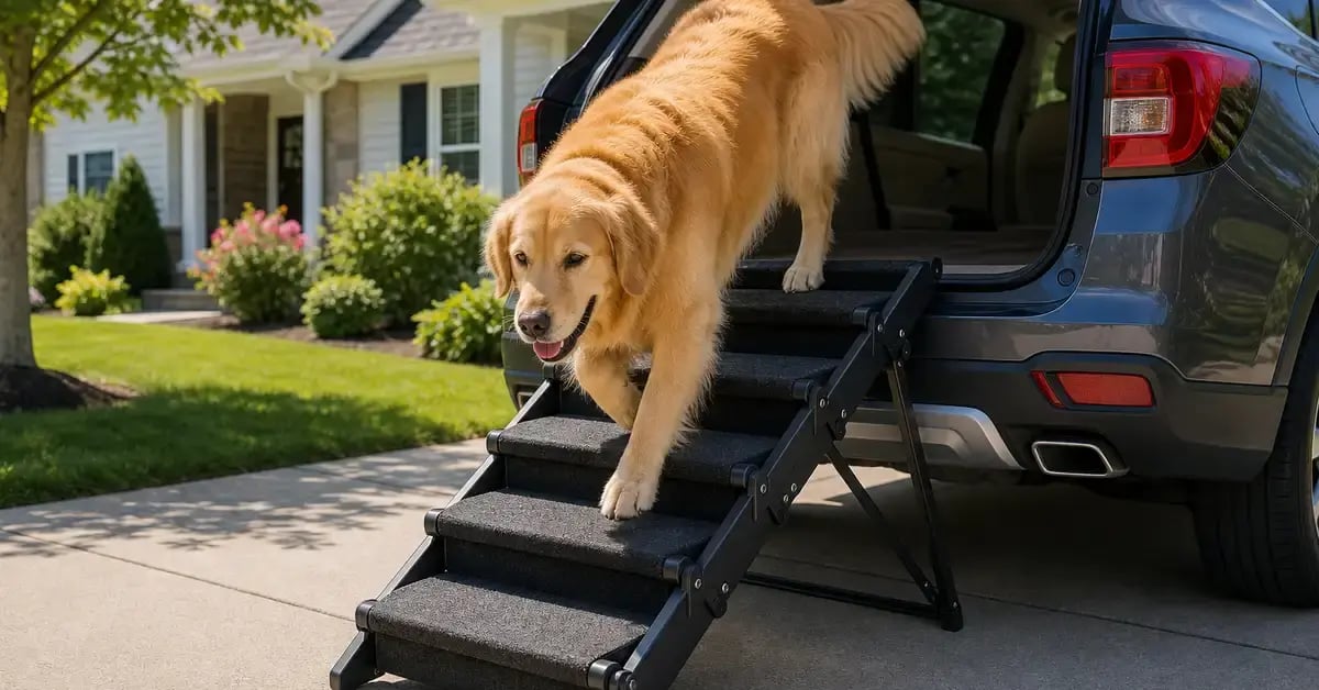 Large dog using adjustable folding pet stairs to access a car — PetSafe-style high-capacity steps