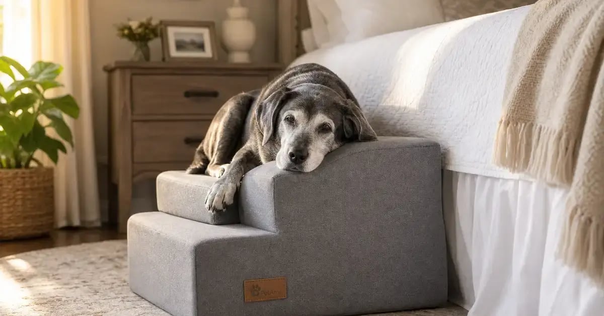 Senior dog using foam stairs beside a high bed — joint-friendly step design