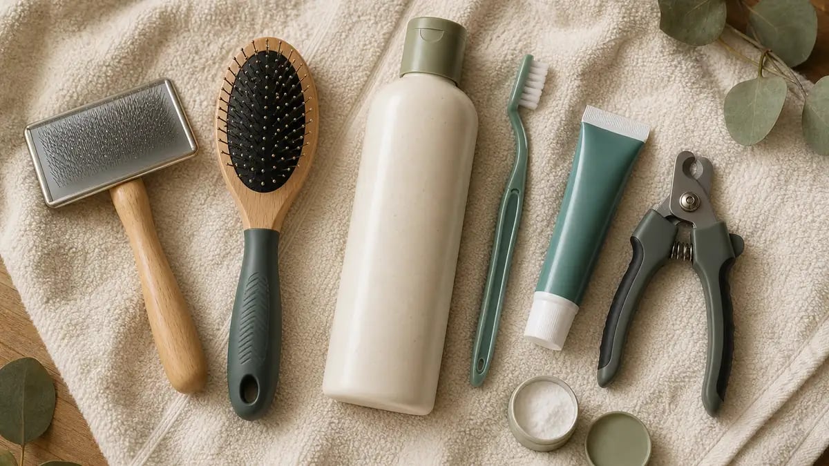 A small dog-grooming flat-lay on a towel: a slicker brush, a pin brush, dog shampoo, a toothbrush with dog toothpaste, and nail clippers with styptic powder