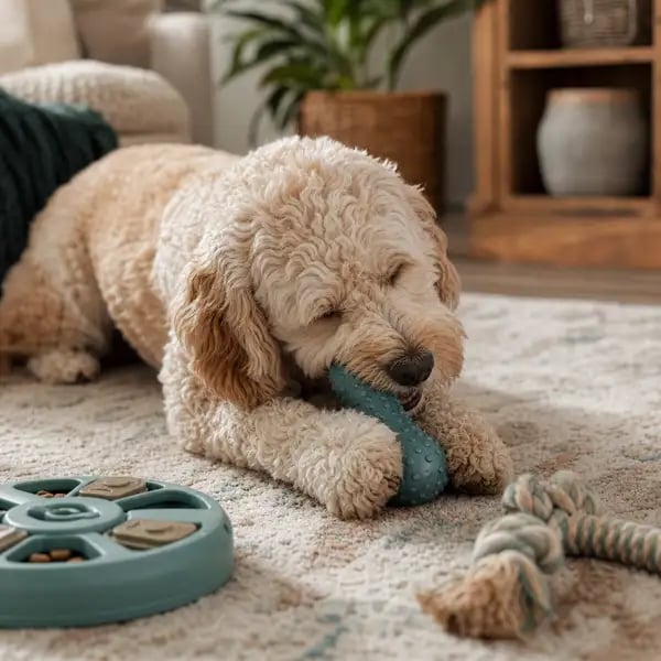 A happy dog chewing a large, appropriately sized rubber toy on a rug, with a treat-dispensing puzzle toy and a rope toy nearby