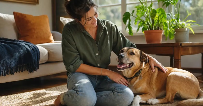 A new dog owner smiling beside their happy dog at home