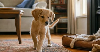 A puppy exploring a cosy living room