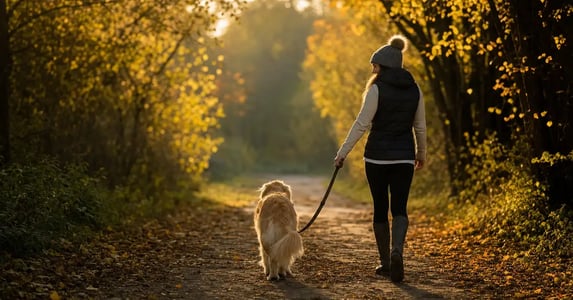 A dog and its owner walking together in golden afternoon light