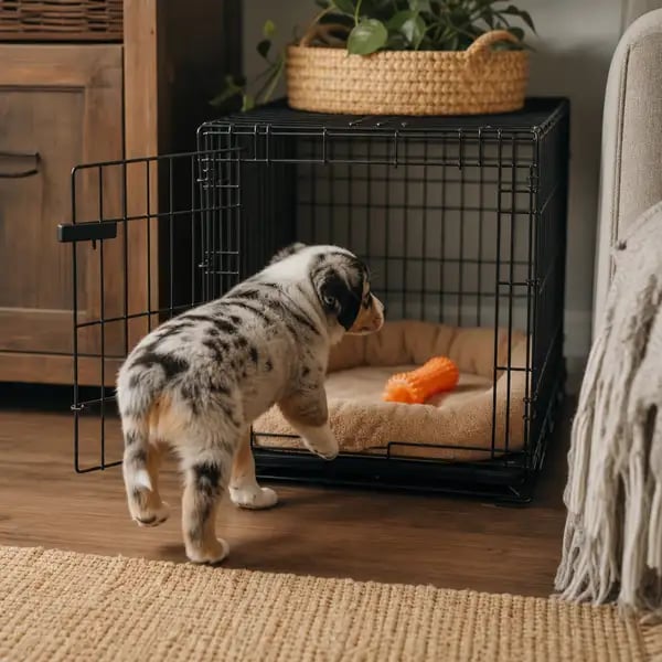 A young puppy stepping willingly into an open crate toward a soft bed and a chew toy, calm and curious