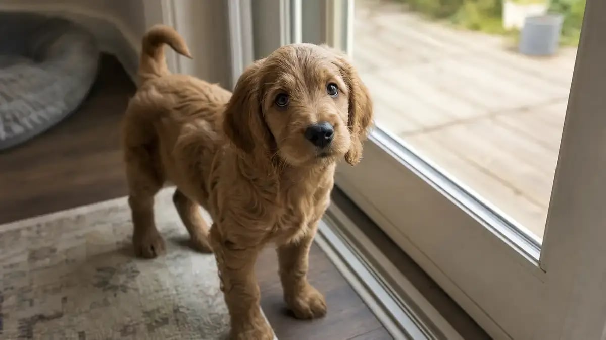 A young puppy standing near a back door looking up, waiting to be let outside to its designated potty area