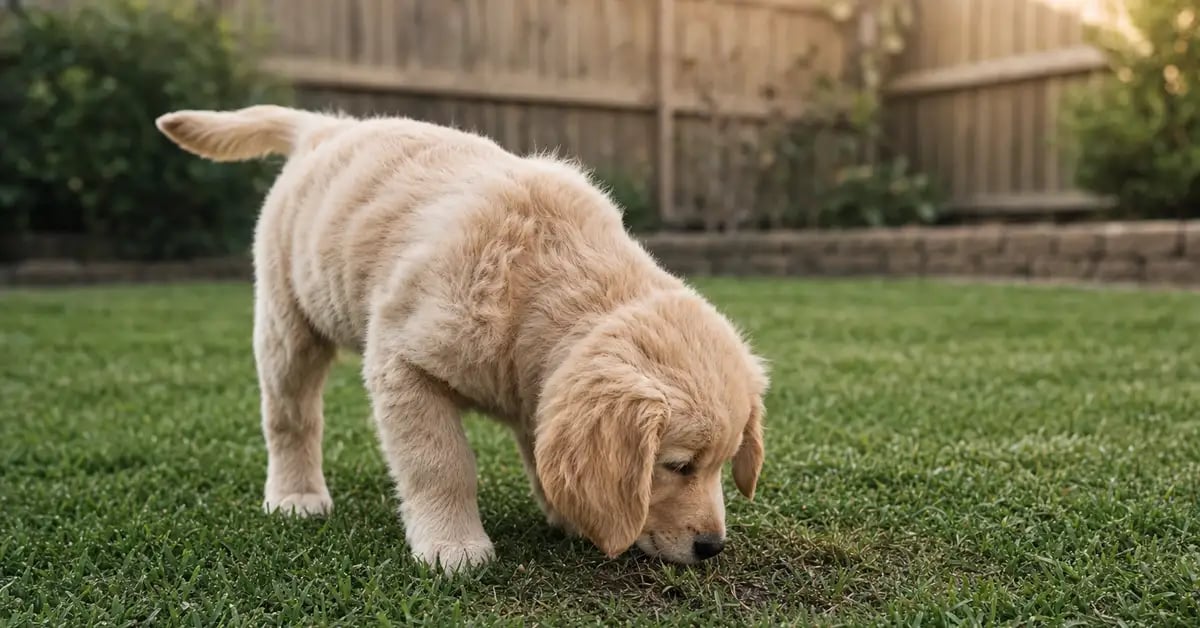 A young puppy sniffing a patch of grass in a fenced backyard at its designated potty spot in soft morning light