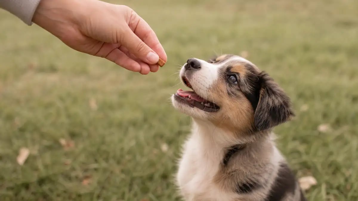 An owner's hand offering a small training treat to a happy puppy outdoors on grass right after the puppy finishes