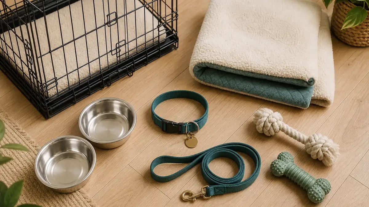 A flat-lay of new puppy essentials on a wooden floor: wire crate, soft bed, stainless steel bowls, collar, leash and chew toys