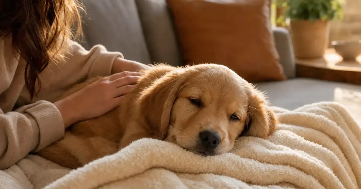 A relaxed new puppy resting on a soft blanket in a warm, sunlit living room beside a calm owner