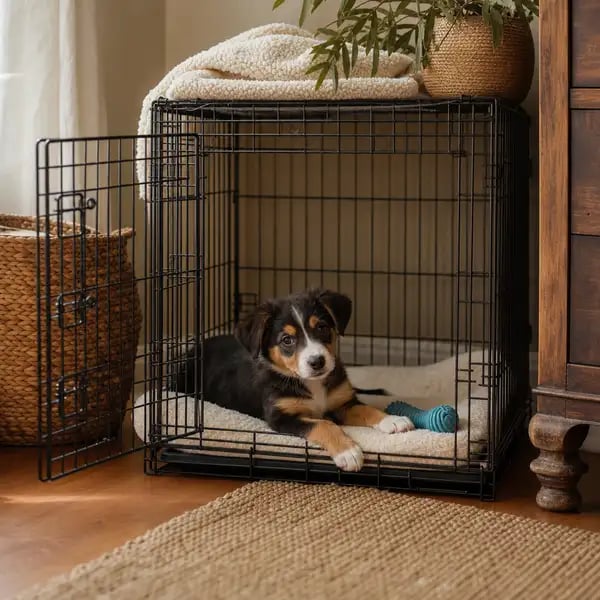 A puppy lying calmly inside an open wire crate with a soft mat, exploring it as a safe den