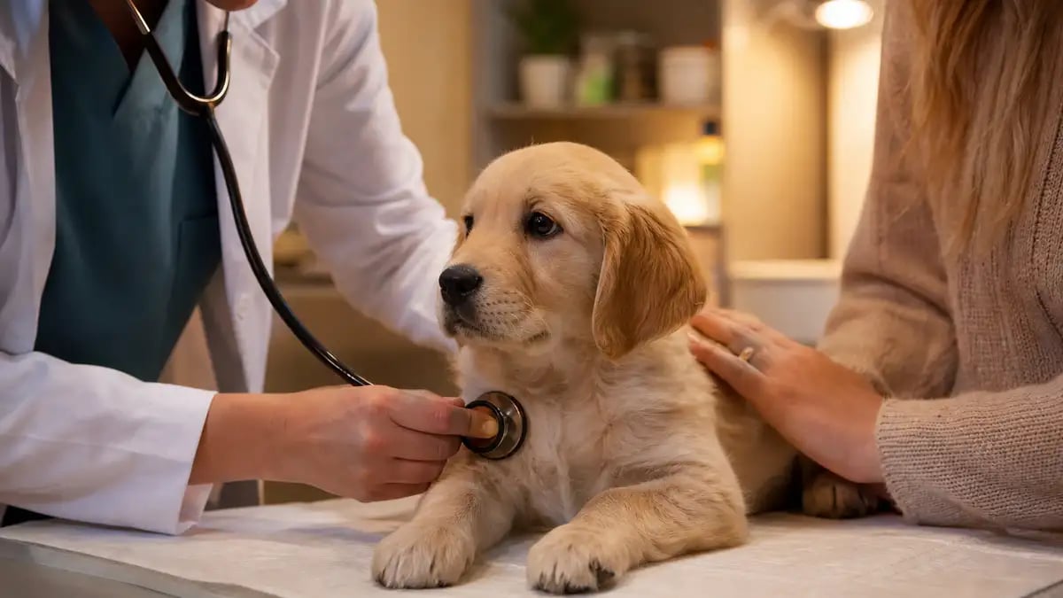 A gentle veterinarian examining a calm puppy on an exam table during a first wellness visit, owner's hands resting nearby