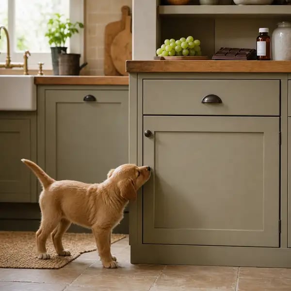 A curious puppy sniffing a closed kitchen cupboard, with grapes, chocolate and a medicine bottle safely stored out of reach above