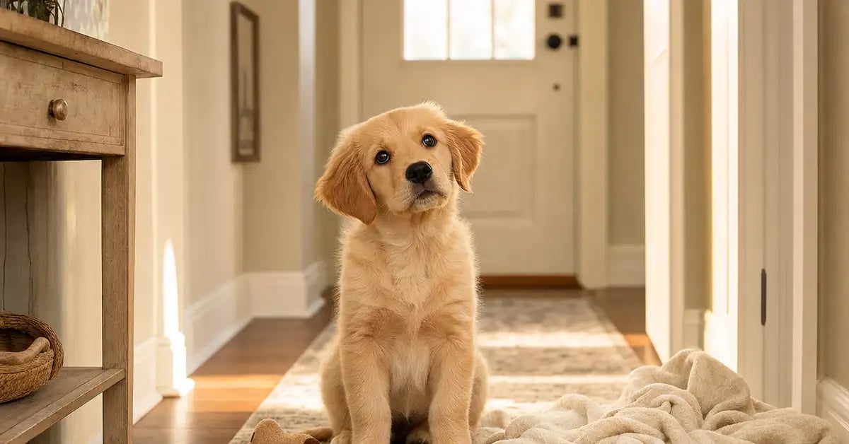 A golden retriever puppy looking up with bright curious eyes in a warm home hallway on their first day, a soft blanket and toy nearby
