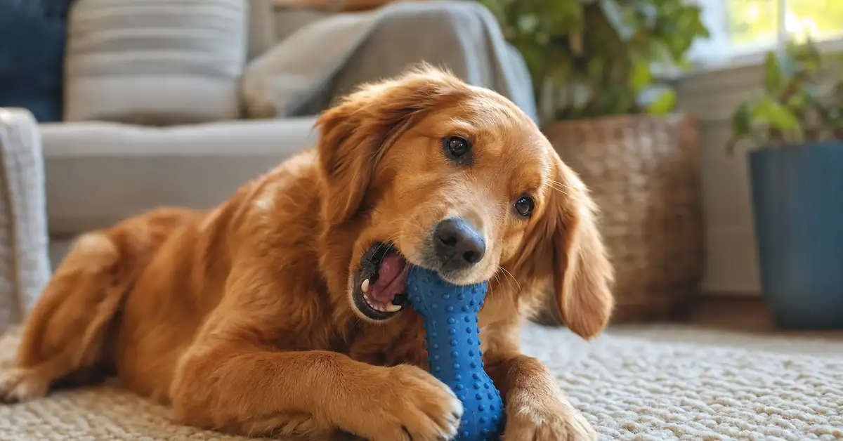 A happy relaxed dog lying down and contentedly chewing on a rubber chew toy in a cozy living room