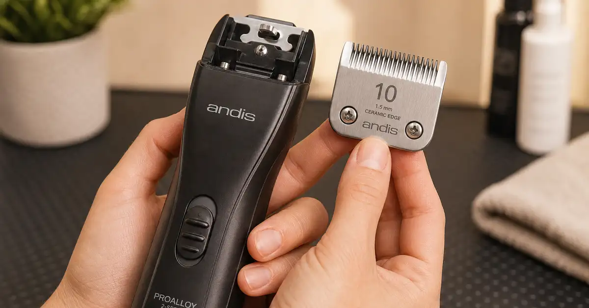 Close-up of a professional dog clipper with detachable blade, showing the A5 blade attachment system used for heavy coat grooming