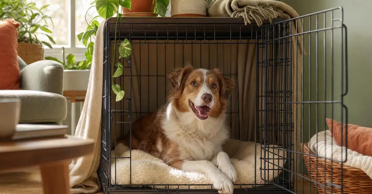 A relaxed dog lying contentedly inside an open wire crate set up as a cozy den with a soft blanket in a warm, sunlit living room